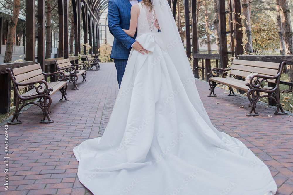 groom and bride in autumn in the park groom and bride in autumn in the park