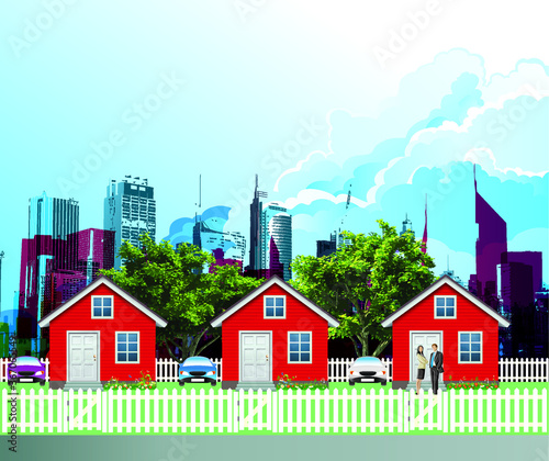 Row of detached residential houses on a suburb street on the outskirts of a large city set against a blue cloudy sky