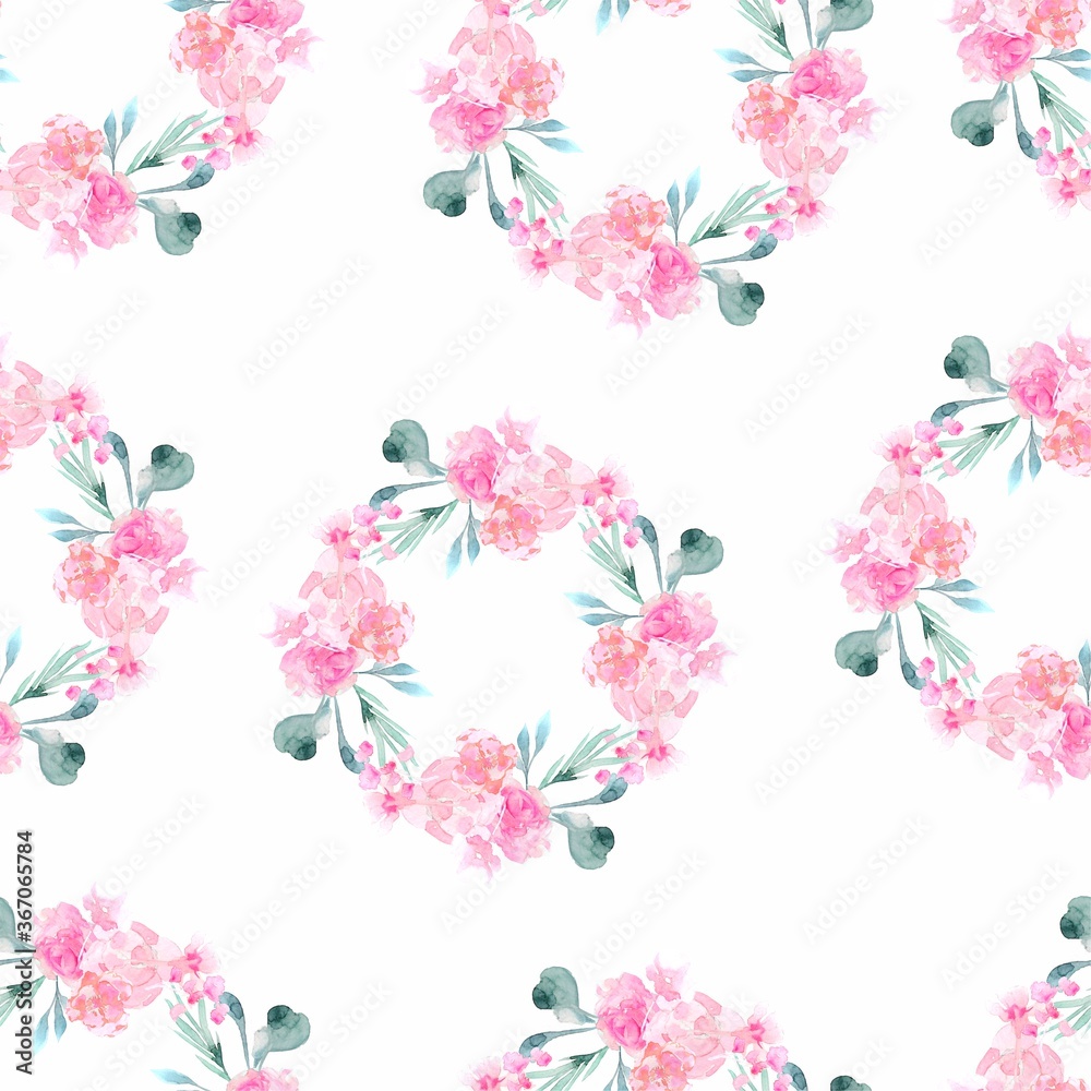 Pattern pink flowers roses peonies fuchsia for fabric and textiles eucalyptus leaves