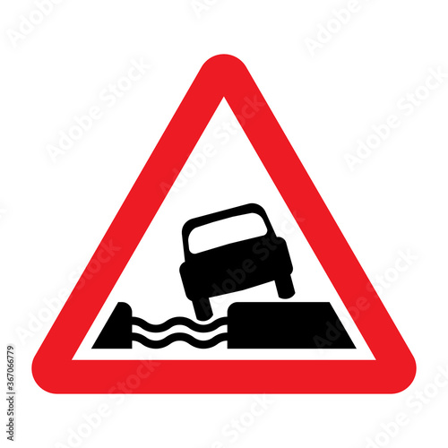Water course alongside road ahead traffic sign. Vector illustration of red triangle warning road sign with car falling into water pictogram inside.