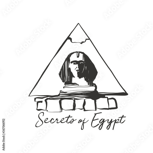 Egypt and sphinx monument and pyramid. Egypt symbol. Ancient line logo design. Africa hand drawn vector illustration. Linear black sketch on white background.
