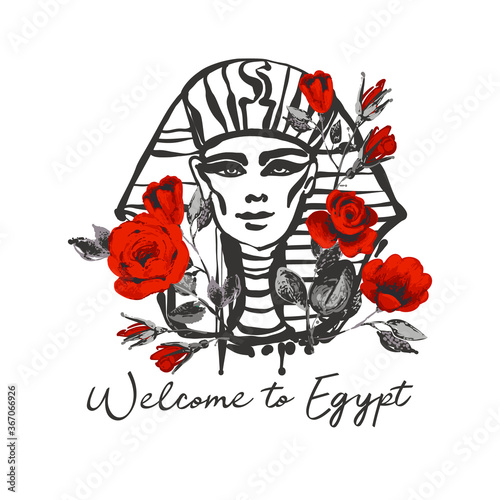 Card with welcome to egypt and pharaoh head with red roses. Egypt symbol. Ancient line pattern design. Africa hand drawn vector illustration. Linear black sketch on white background.