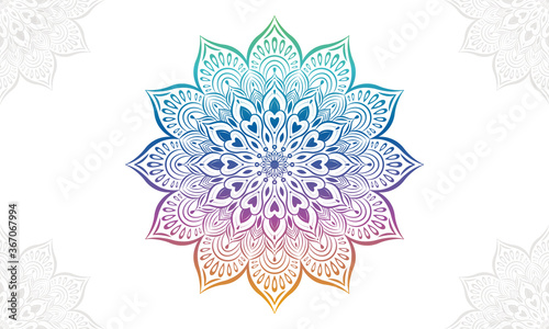 Gradient mandala background with floral ornament pattern. Hand drawn mandala design. Vector mandala template for decoration invitation, cards, wedding, logos, cover, brochure, flyer, banner.