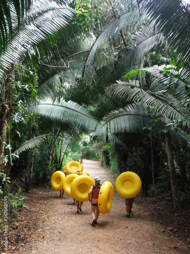 Tourist walking through a tropical rain forest carrying yellow round flotation rings to float on the river through caves 