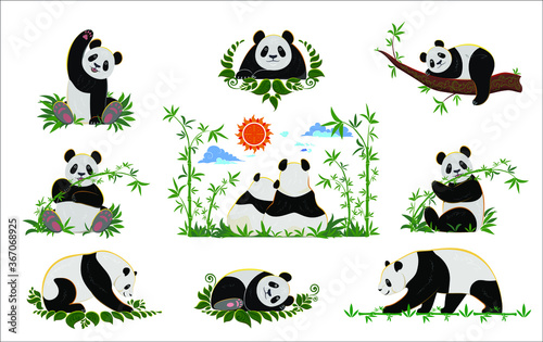 Fototapeta Naklejka Na Ścianę i Meble -  Set of cute pandas with bamboo. Asian style. Design for greeting cards, banners and designs.