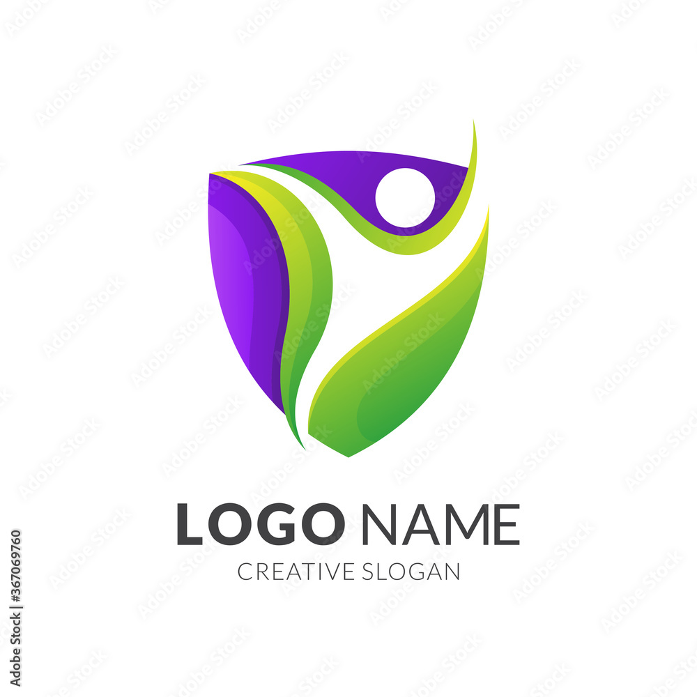 shield and people logo template, modern 3d logo style in gradient green and purple color shield and people logo template, modern 3d logo style in gradient green and purple color