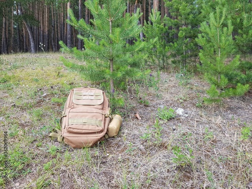 A tourist backpack lies on the ground in the forest © kos1976