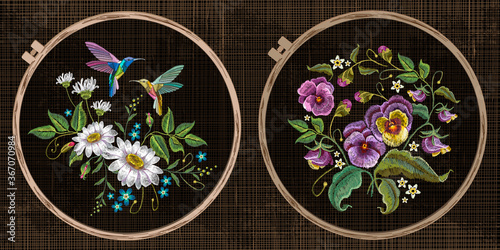 Embroidery collection. Humming bird and summer flowers. Template tambour frame with a canvas, elements from stitches. Art for clothes