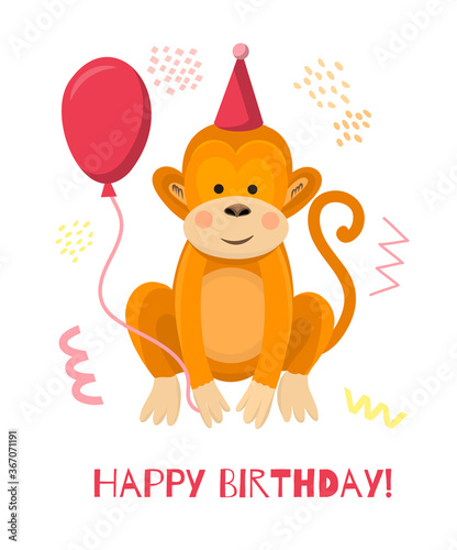 Cute cartoon monkey wearing a festive pink hat with a pink balloon. Vector greeting card and happy birthday. Animal safari print for kids and toddlers. Cute macaque on a white isolated in flat style