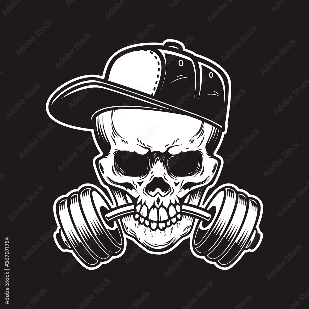 Illustration of skull with barbell in teeth in engraving style. Skull in baseball cap. Design element for logo, emblem, sign, poster, card, banner. Illustration of skull with barbell in teeth in engraving style. Skull in baseball cap. Design element for logo, emblem, sign, poster, card, banner.