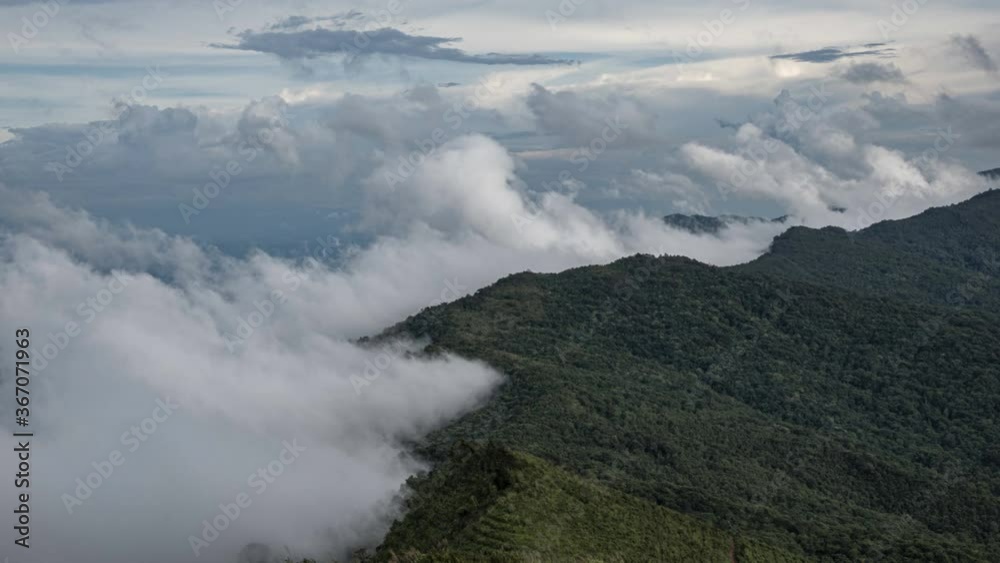 Aerial view of mist, cloud and fog hanging over a lush tropical rainforest after a storm, Mountain landscape of Doi Suan Ya Luang, Nan province, Thailand
