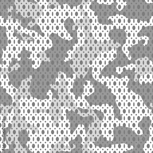 Vector white monochrome  camouflage seamless mesh  pattern. Khaki camo design for t-shirt. Military fabric texture with holes. Army clothing