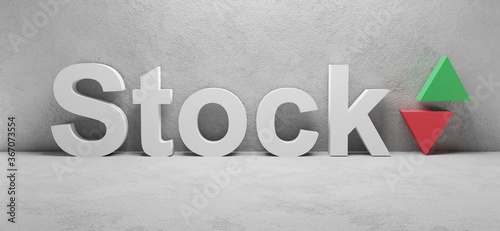 cgi render image of the word Stock, concrete wall in a room, up and down arrows, concept image for stock exchange