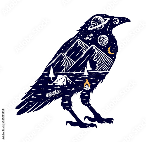 Mountain and crow silhouette vector illustration