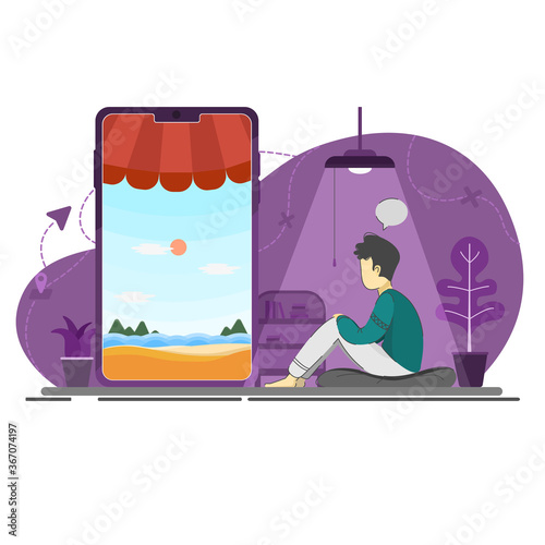 The vector of Looking at the beach on mobile phone concept. Creative flat design for web banner, business presentation, online article.