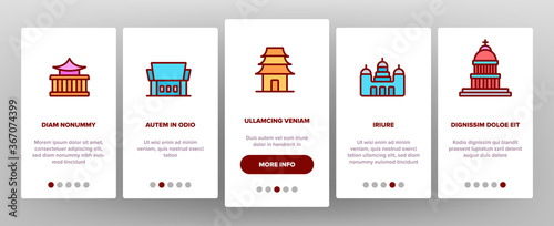 Temple Architecture Building Onboarding Mobile App Page Screen Vector. Religion Collection Nation Temple Building, Catholic And Christian Church, Islamic And Buddhism Illustrations