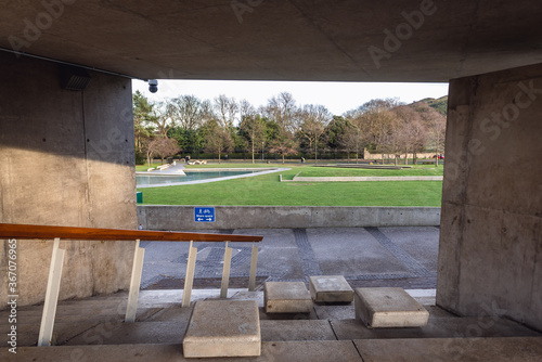 Passage to Holyrood Park next to Scottish Parliament in Edinburgh city, Scotland, UK photo