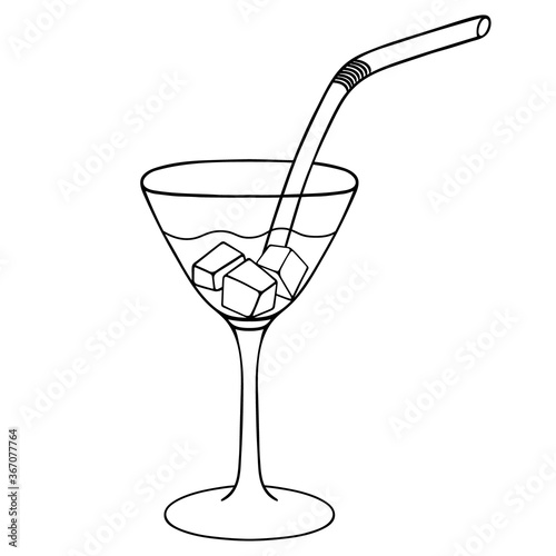 Martini with ice cubes. Sketch. Vector stock illustration. Outline on an isolated white background. Doodle style. Refreshing cocktail. Plastic drinking straw. A glass with an alcoholic drink.