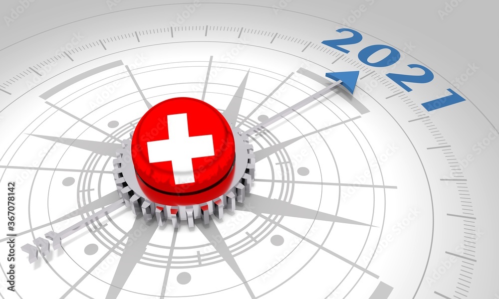 Fototapeta premium New Year greeting card template. 2021 year number. 3D rendering. Flag of the Switzerland