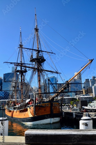 HMB Endeavour - replica of Captain James Cook's ship which he sailed on his world voyage between 1768-7. Displayed at the Maritime Museum in Darling Harbour, Sydney, Australia