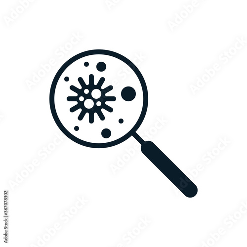 Virus and bacteria with magnifying glass outline icons. Vector illustration. Editable stroke. Isolated icon suitable for web, infographics, interface and apps.