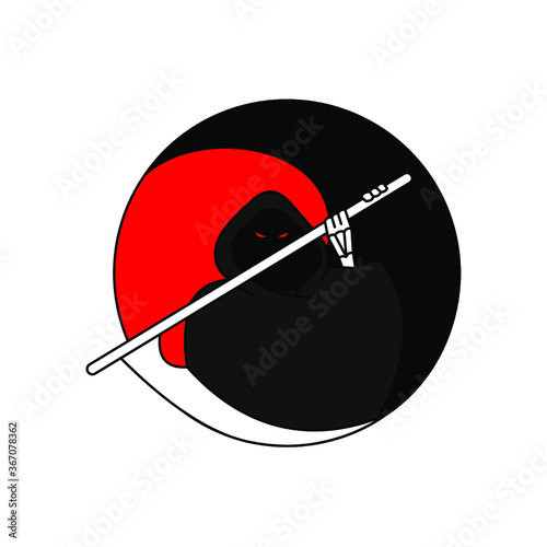 Death with a scythe and a scary look logo. Round logo.