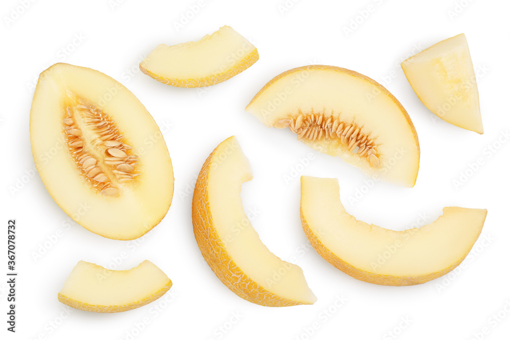 Melon slices isolated on white background with clipping path and full depth of field. Top view. Flat lay