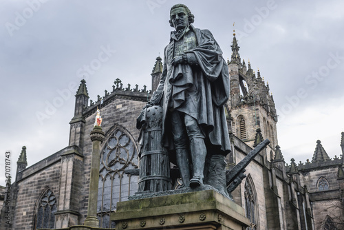 Monument to the Adam Smith in front of Saint Giles cathedral in the Old Town of Edinburgh city, Scotland, UK