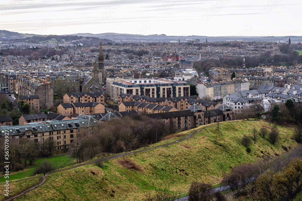 Ediburg city in Scotland, UK seen from Salisbury Crags in Holyrood Park