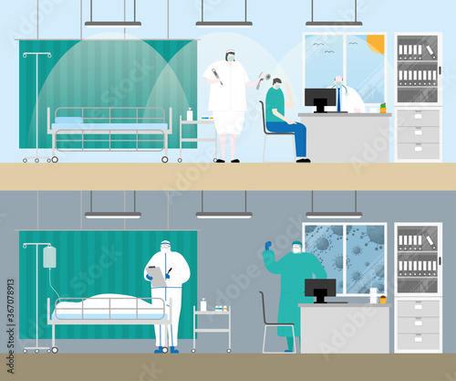 Cartoon style. before and after concept. The man has infected the virus.  Doctor and nurse work in a doctor's office in the hospital.