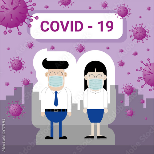 Character design cartoon style. Man and woman wear a mask to protect a virus pandemic.