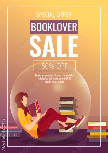 Promo sale flyer for bookstore, bookshop, book lovers, E-book reader, E-library. Woman in bubble and books. A4 vector illustration for poster, banner, advertising, special offer, flyer.