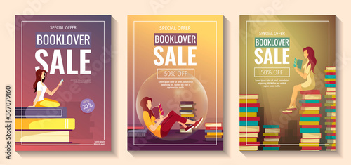 Set of promo sale flyers for bookstore, bookshop, book lovers, E-book reader, E-library. Women and piles of books. A4 vector illustration for poster, banner, advertising, special offer, flyer.