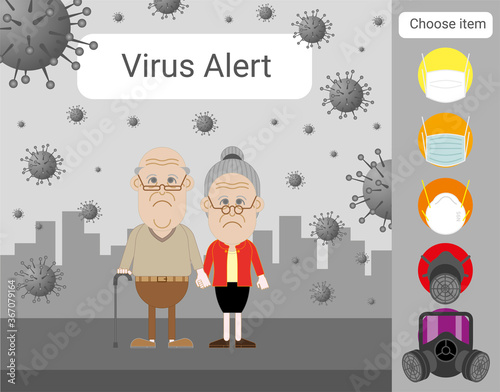 Cartoon style. Character design. Senior grandfather and grandmother with masks option to protect the virus