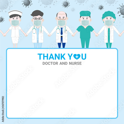 Cartoon style. Group of doctors team holding the hand together with the blank dialog box