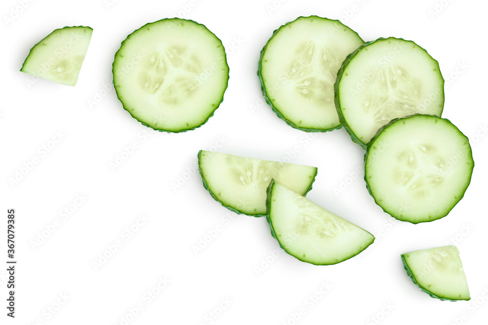 Sliced cucumber isolated on white background with clipping path and full depth of field, Top view with copy space for your text. Flat lay Sliced cucumber isolated on white background with clipping path and full depth of field, Top view with copy space for your text. Flat lay