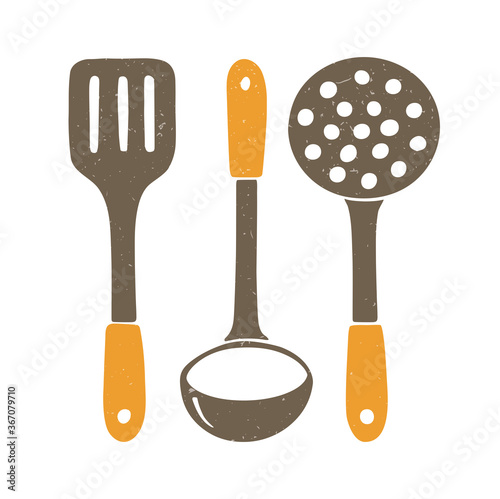 Cute kitchen set. Brown spatula, ladle and skimmer with orange handles on a transparent background. Vector shabby hand drawn illustration