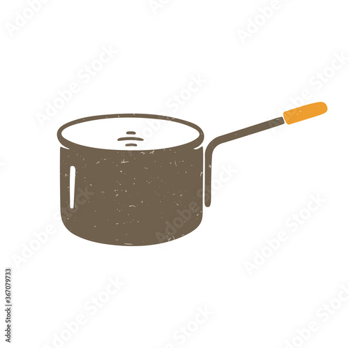 Cute brown stewpan with orange handle isolated on a transparent background. Vector shabby hand drawn illustration