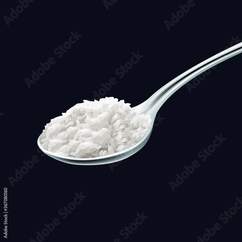 Vector illustration of white jasmine rice in a spoon. Asian traditional food of Thai, Japan, Korea and China. Healthy dietary eating. A spoonful of rice.