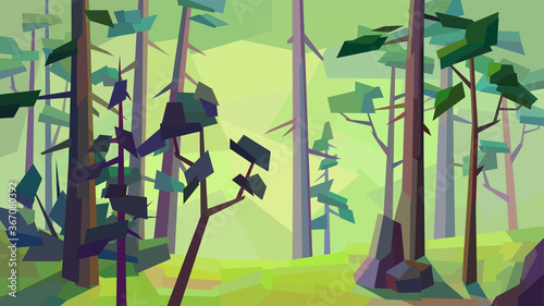 low poly landscape, pine, forest, tree, rock, spruce, grass, vector illustration