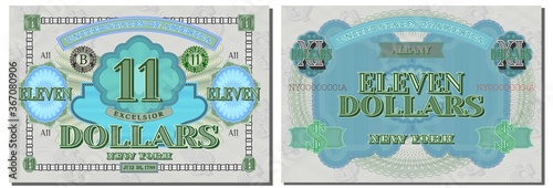 Protective guilloche mesh. A fictional US 11 dollars dedicated to the state of New York. Latin motto Higher EPS10