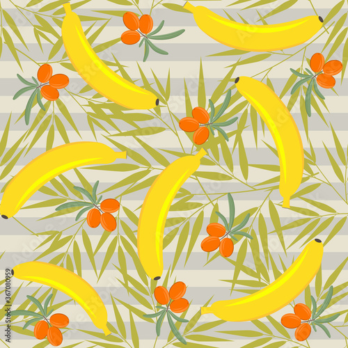 Fruit pattern with the image of a banana, sea buckthorn and palm leaves, vector, beige stripe background. Texture, print, design, decoration,