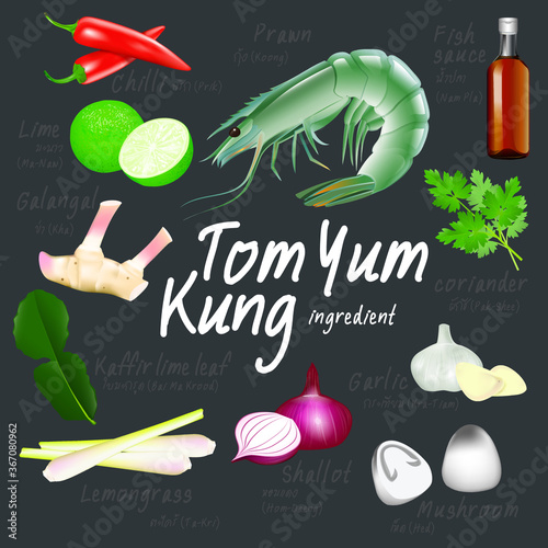 Tom Yum Kung or Sour prawn soup, Thai food ingredients