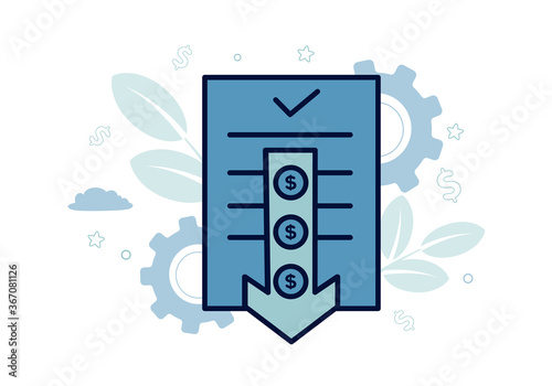 Finance. Vector illustration of default. A document icon on which a down arrow, on it a dollar coin, on the background of gears, plants, leaves, clouds, stars © GrandDesign