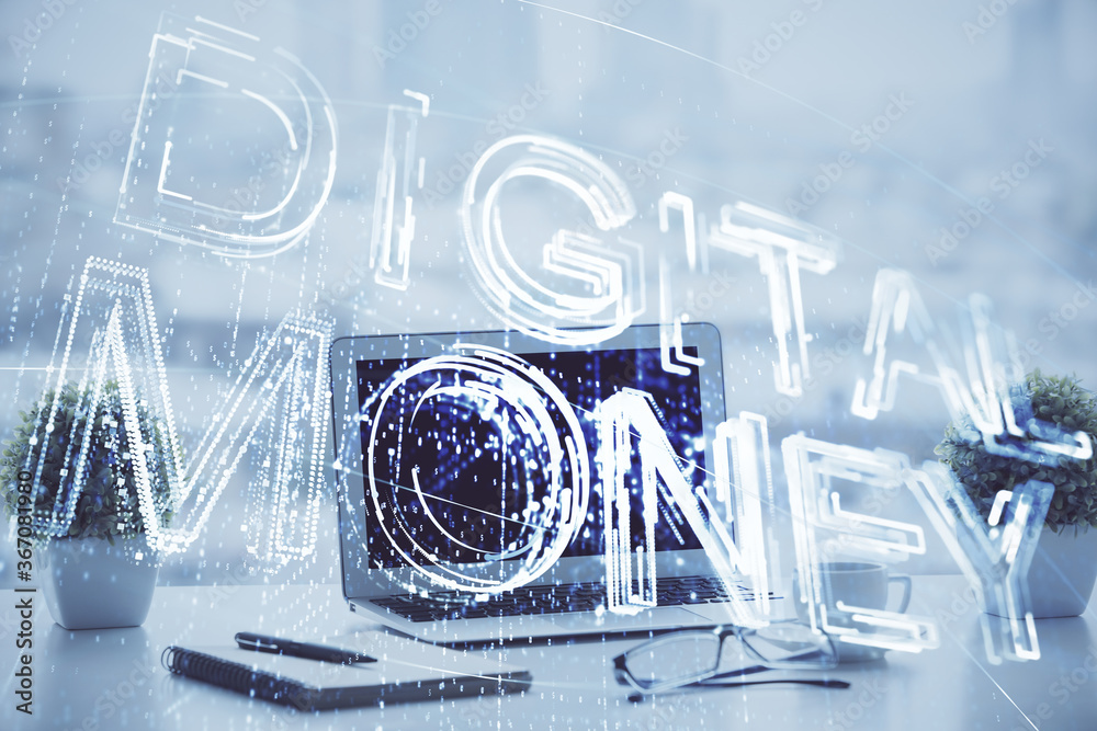 Double exposure of blockchain and crypto economy theme hologram and table with computer background. Concept of bitcoin cryptocurrency.