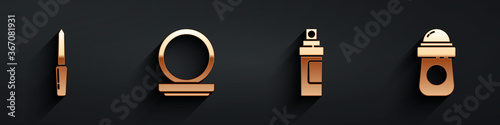Set Nail file, Makeup powder with mirror, Perfume and Antiperspirant deodorant roll icon with long shadow. Vector.