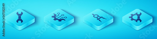 Set Isometric Wrench spanner, Algorithm, Wrench spanner and gear and Drawing compass icon. Vector.