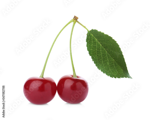 Sweet red cherries with leaf isolated on white