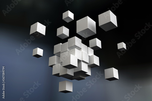 Destruction of a stable structure. Wall blocks are crumbling. Light cubes on a dark background