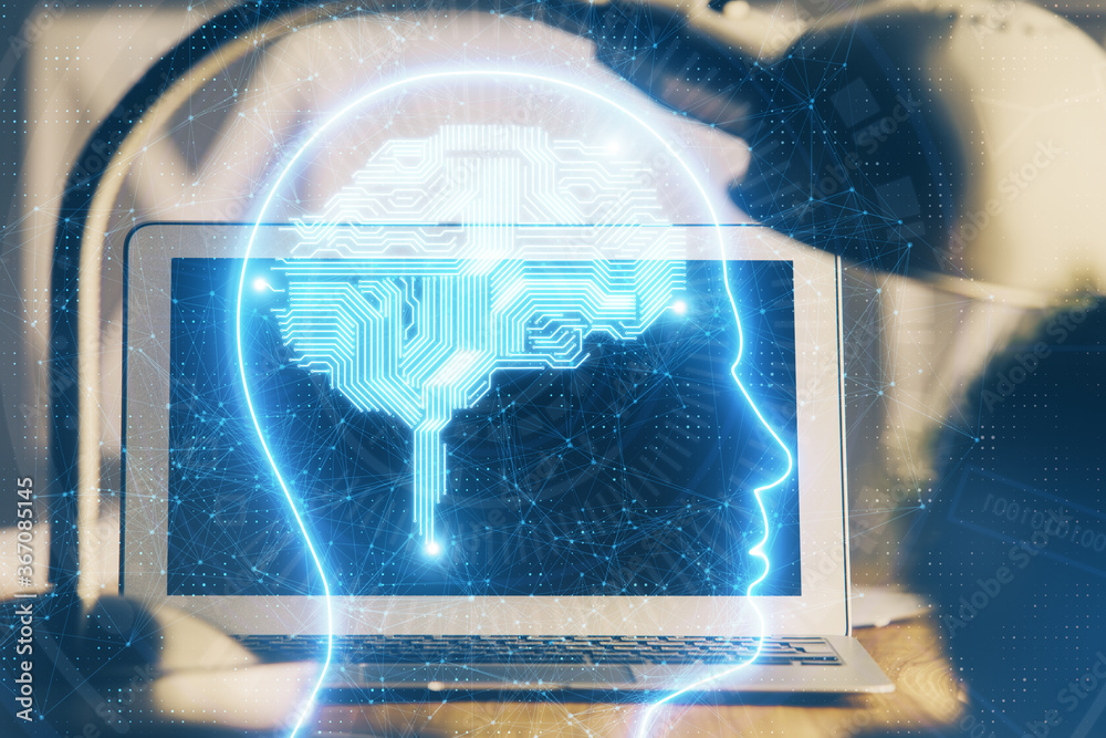 Double exposure of desktop computer and human brain drawing hologram. Ai concept. Double exposure of desktop computer and human brain drawing hologram. Ai concept.